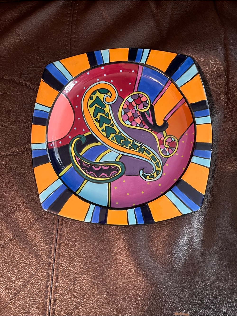 Studio Design Hand-Painted Ceramic Plate — Boho style Bold Paisley Art Plate
